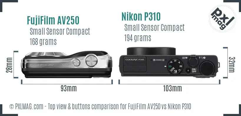 FujiFilm AV250 vs Nikon P310 top view buttons comparison