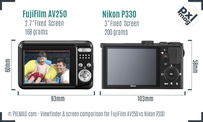 FujiFilm AV250 vs Nikon P330 Screen and Viewfinder comparison