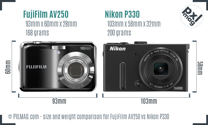 FujiFilm AV250 vs Nikon P330 size comparison FujiFilm AV250 vs Nikon P330 size comparison