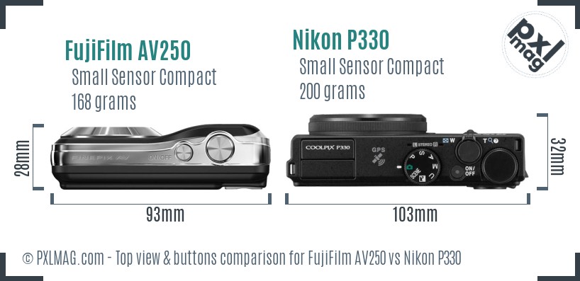 FujiFilm AV250 vs Nikon P330 top view buttons comparison