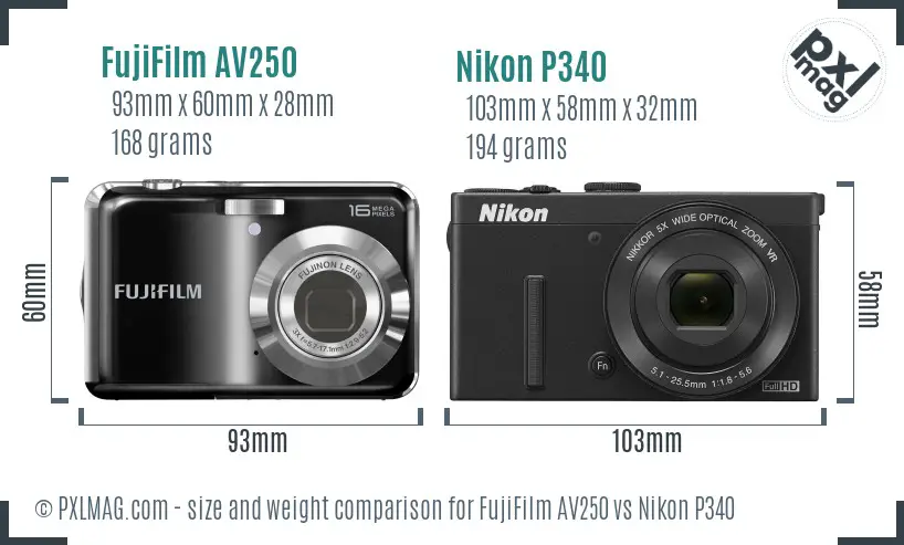 FujiFilm AV250 vs Nikon P340 size comparison