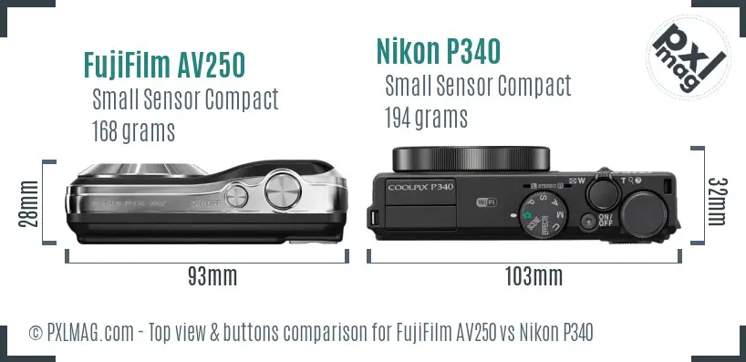 FujiFilm AV250 vs Nikon P340 top view buttons comparison