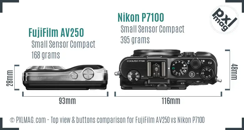 FujiFilm AV250 vs Nikon P7100 top view buttons comparison