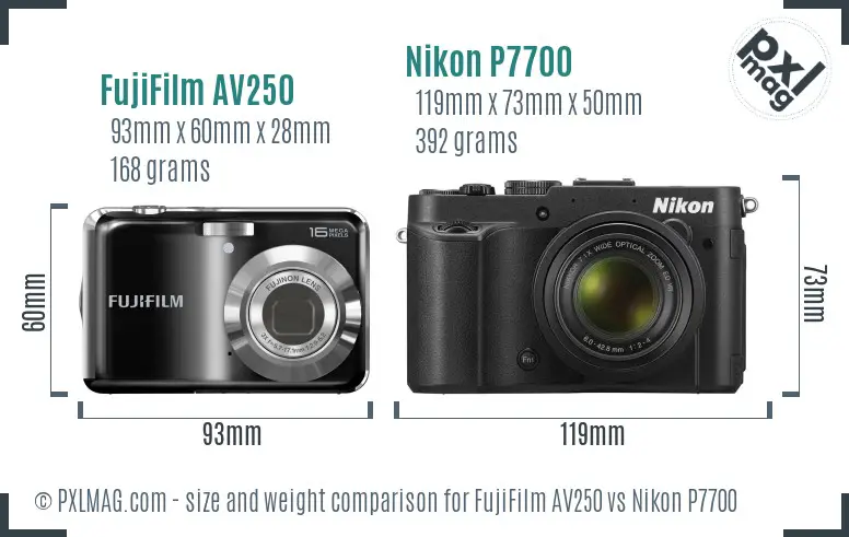 FujiFilm AV250 vs Nikon P7700 size comparison