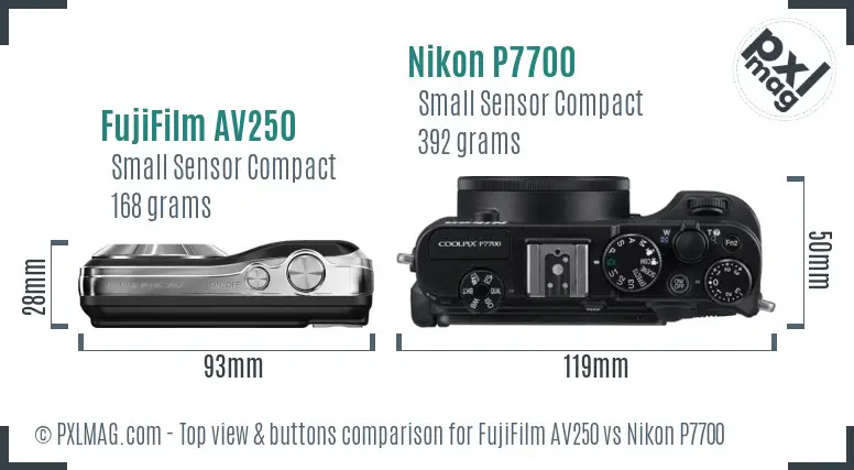 FujiFilm AV250 vs Nikon P7700 top view buttons comparison