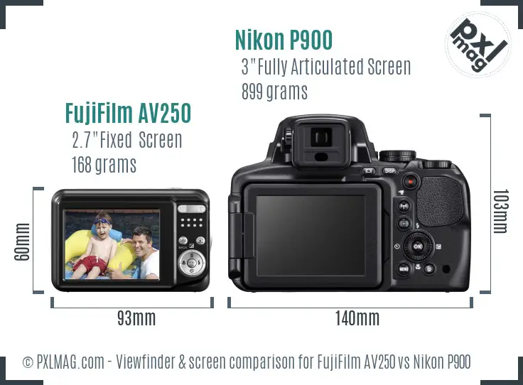 FujiFilm AV250 vs Nikon P900 Screen and Viewfinder comparison