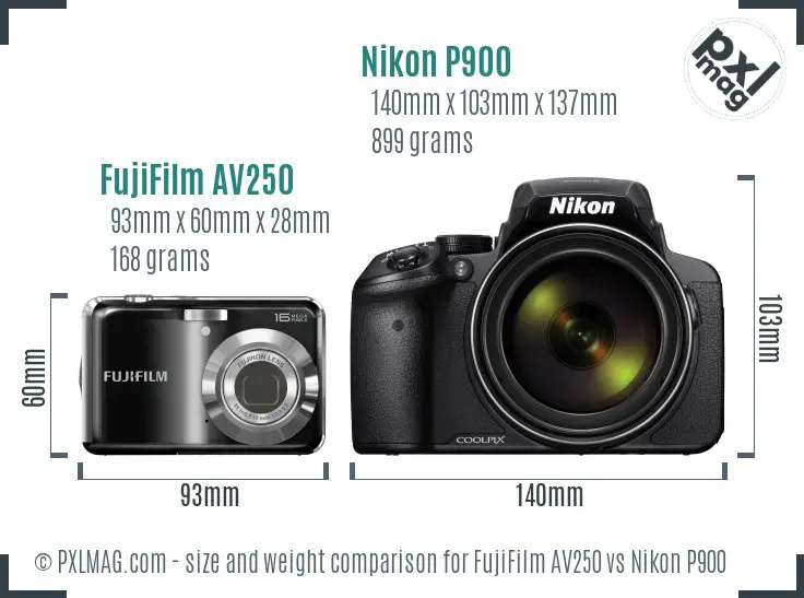 FujiFilm AV250 vs Nikon P900 size comparison