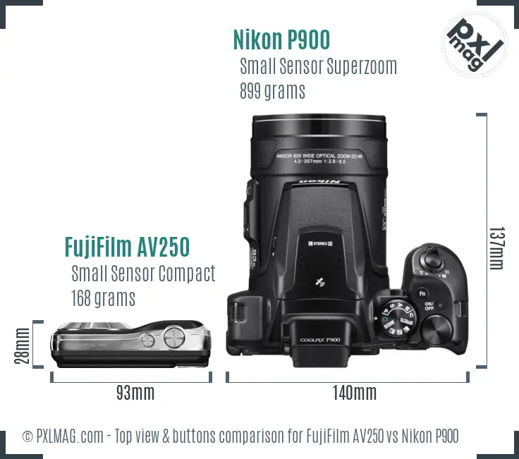 FujiFilm AV250 vs Nikon P900 top view buttons comparison