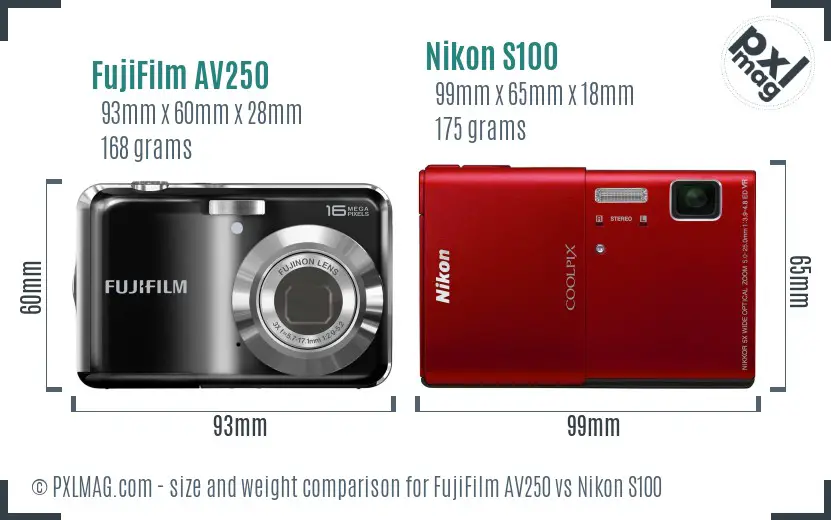FujiFilm AV250 vs Nikon S100 size comparison