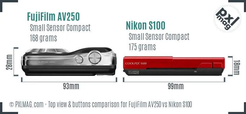 FujiFilm AV250 vs Nikon S100 top view buttons comparison