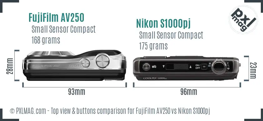 FujiFilm AV250 vs Nikon S1000pj top view buttons comparison