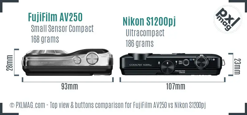 FujiFilm AV250 vs Nikon S1200pj top view buttons comparison