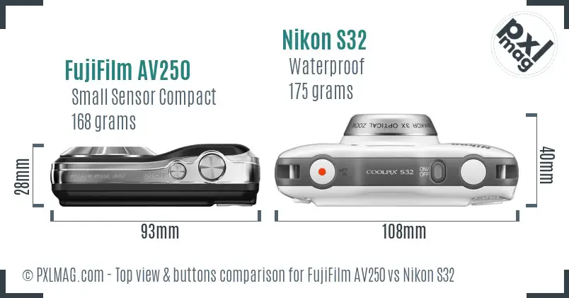 FujiFilm AV250 vs Nikon S32 top view buttons comparison