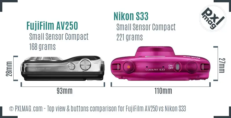FujiFilm AV250 vs Nikon S33 top view buttons comparison