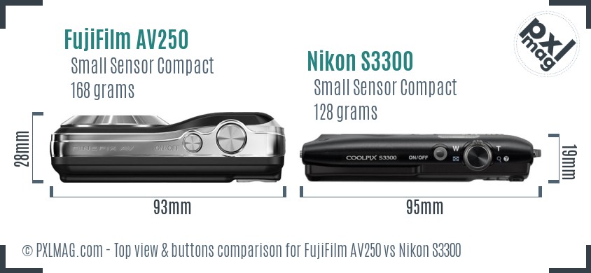 FujiFilm AV250 vs Nikon S3300 top view buttons comparison