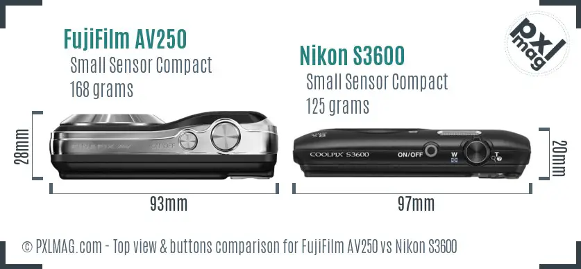 FujiFilm AV250 vs Nikon S3600 top view buttons comparison