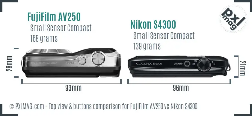 FujiFilm AV250 vs Nikon S4300 top view buttons comparison FujiFilm AV250 vs Nikon S4300 top view buttons comparison