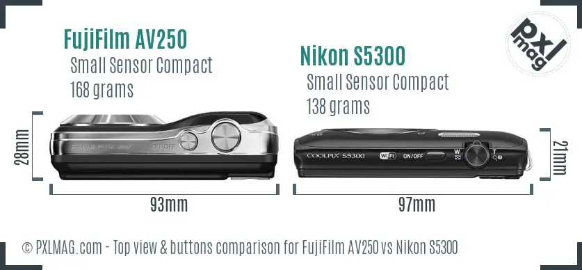 FujiFilm AV250 vs Nikon S5300 top view buttons comparison FujiFilm AV250 vs Nikon S5300 top view buttons comparison