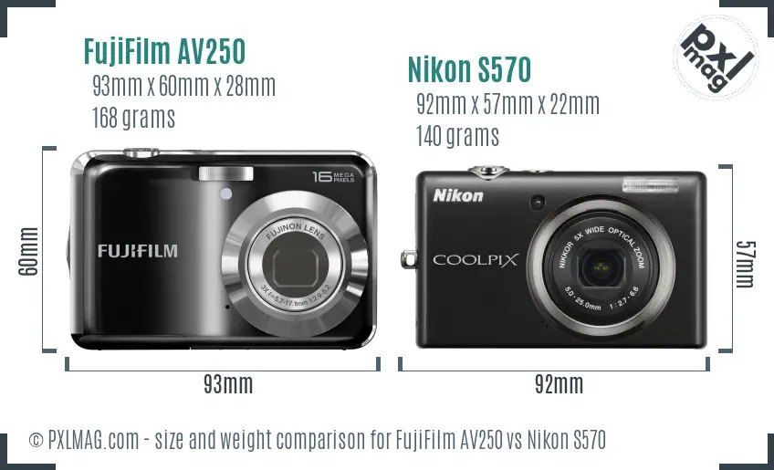 FujiFilm AV250 vs Nikon S570 size comparison