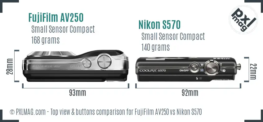 FujiFilm AV250 vs Nikon S570 top view buttons comparison