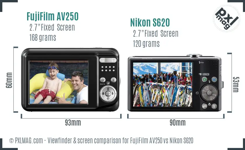 FujiFilm AV250 vs Nikon S620 Screen and Viewfinder comparison