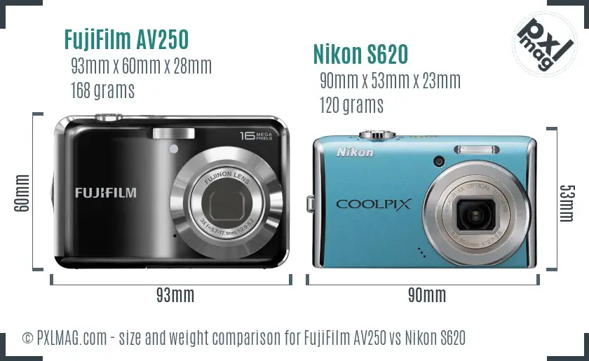 FujiFilm AV250 vs Nikon S620 size comparison