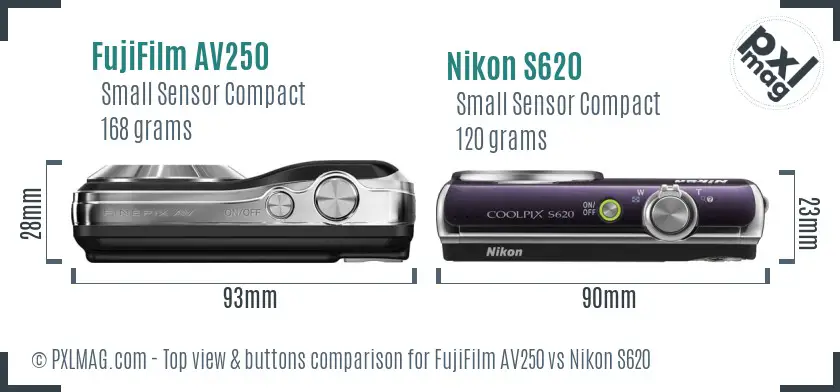 FujiFilm AV250 vs Nikon S620 top view buttons comparison