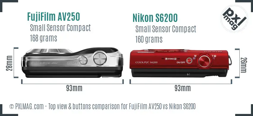 FujiFilm AV250 vs Nikon S6200 top view buttons comparison FujiFilm AV250 vs Nikon S6200 top view buttons comparison