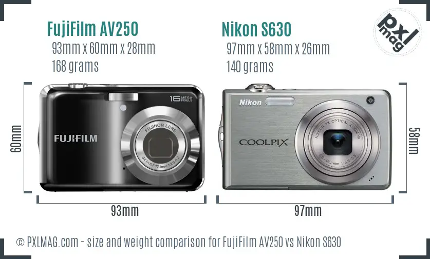 FujiFilm AV250 vs Nikon S630 size comparison