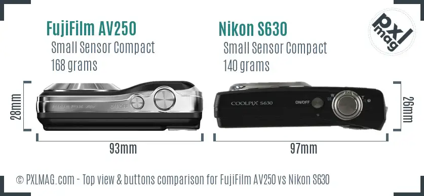 FujiFilm AV250 vs Nikon S630 top view buttons comparison