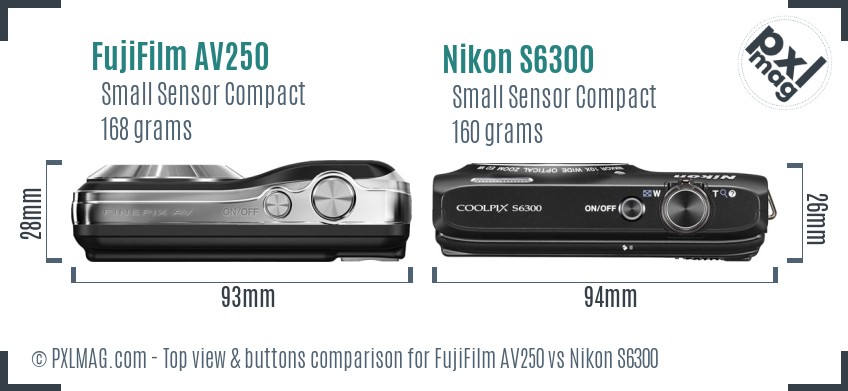 FujiFilm AV250 vs Nikon S6300 top view buttons comparison