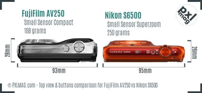 FujiFilm AV250 vs Nikon S6500 top view buttons comparison