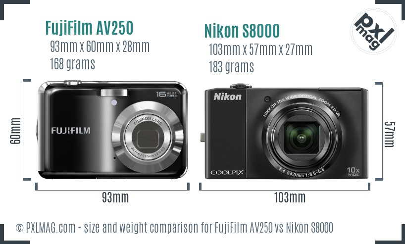 FujiFilm AV250 vs Nikon S8000 size comparison