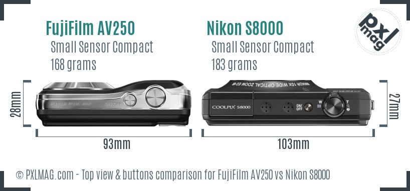 FujiFilm AV250 vs Nikon S8000 top view buttons comparison