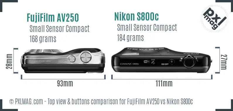 FujiFilm AV250 vs Nikon S800c top view buttons comparison FujiFilm AV250 vs Nikon S800c top view buttons comparison