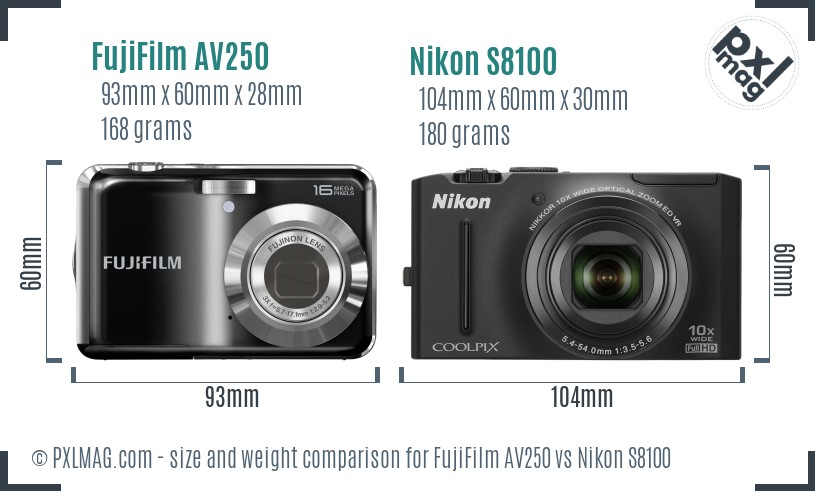 FujiFilm AV250 vs Nikon S8100 size comparison