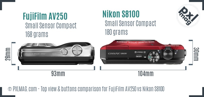 FujiFilm AV250 vs Nikon S8100 top view buttons comparison