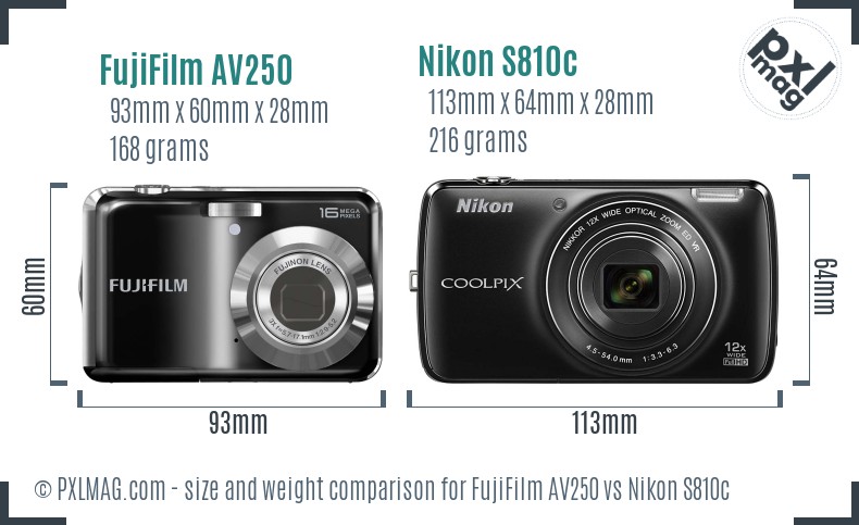 FujiFilm AV250 vs Nikon S810c size comparison