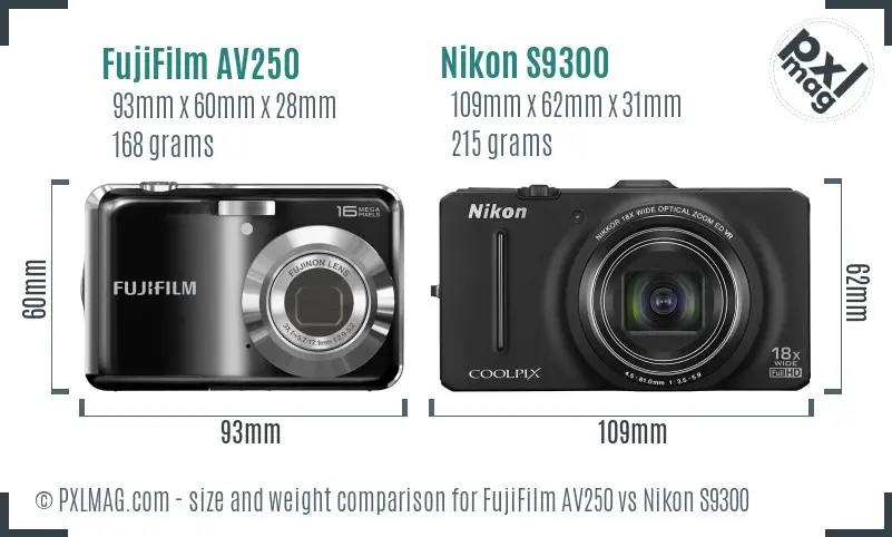 FujiFilm AV250 vs Nikon S9300 size comparison