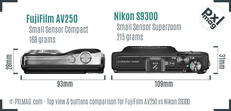 FujiFilm AV250 vs Nikon S9300 top view buttons comparison
