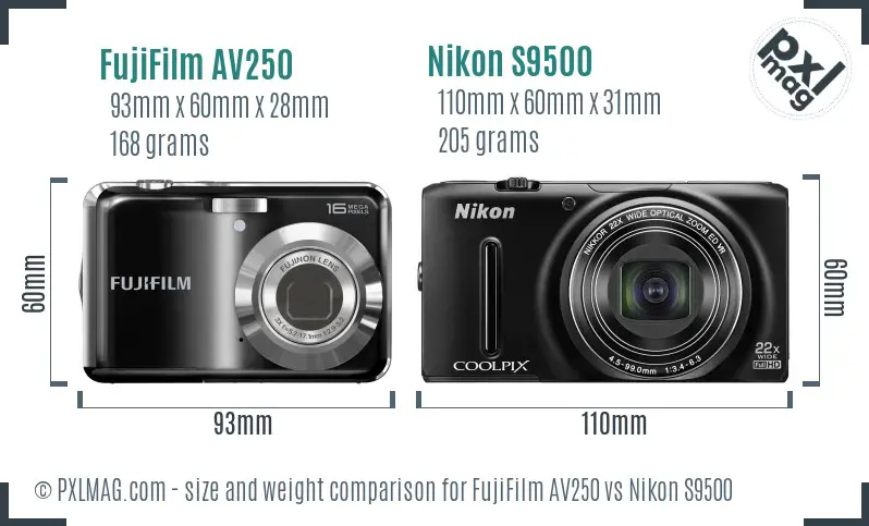 FujiFilm AV250 vs Nikon S9500 size comparison