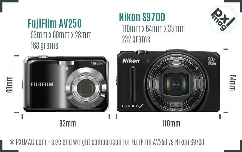 FujiFilm AV250 vs Nikon S9700 size comparison