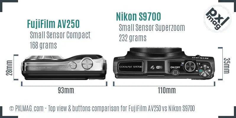 FujiFilm AV250 vs Nikon S9700 top view buttons comparison