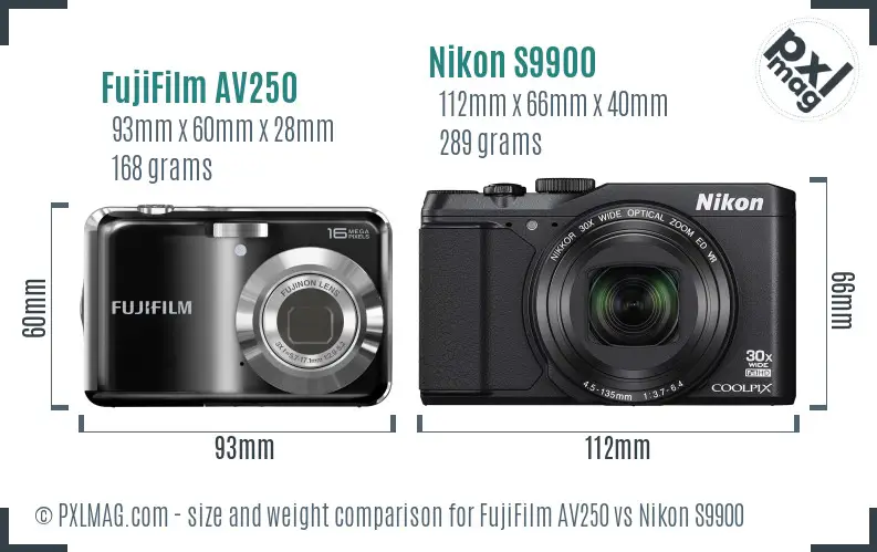 FujiFilm AV250 vs Nikon S9900 size comparison