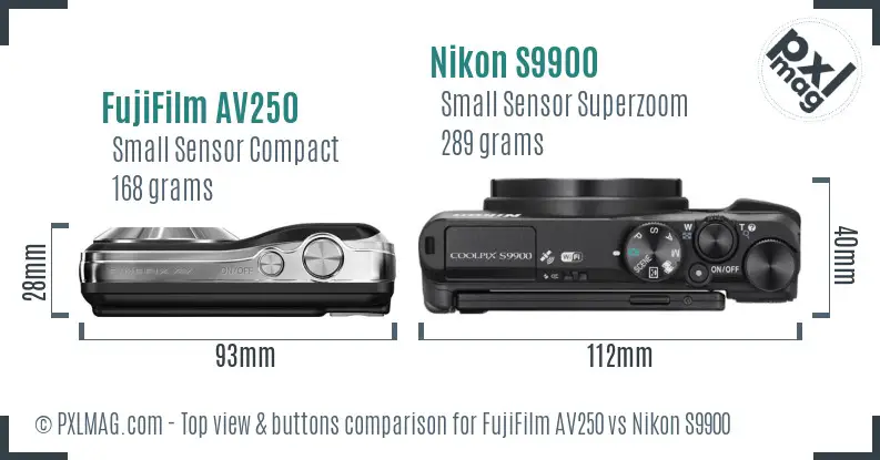 FujiFilm AV250 vs Nikon S9900 top view buttons comparison