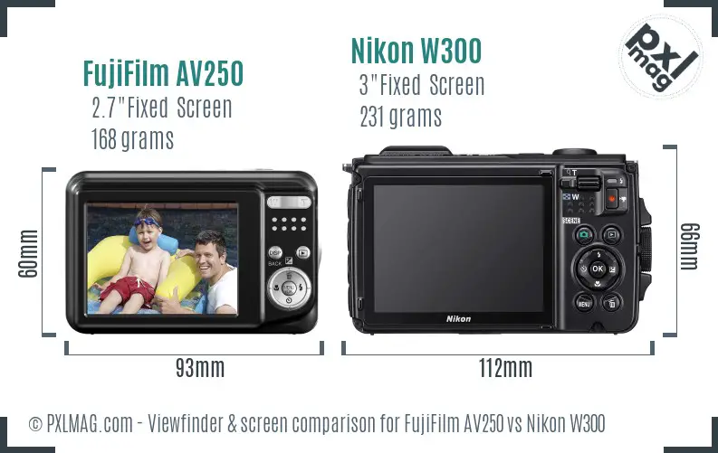 FujiFilm AV250 vs Nikon W300 Screen and Viewfinder comparison