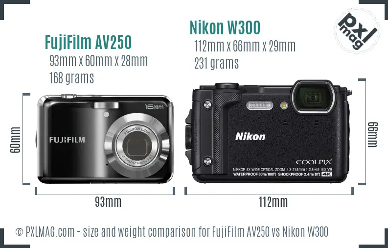 FujiFilm AV250 vs Nikon W300 size comparison