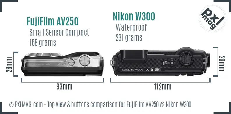 FujiFilm AV250 vs Nikon W300 top view buttons comparison