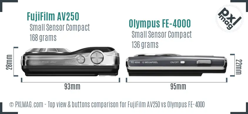 FujiFilm AV250 vs Olympus FE-4000 top view buttons comparison