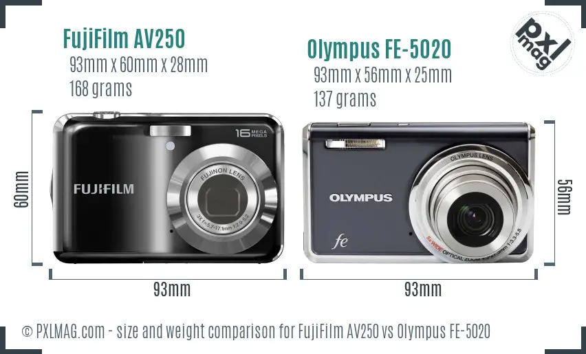 FujiFilm AV250 vs Olympus FE-5020 size comparison